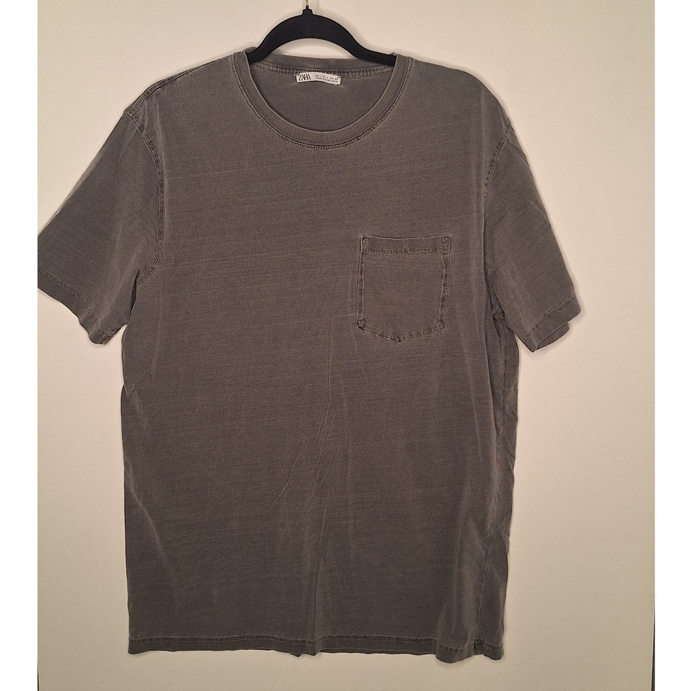 Zara Mens Faded Charcoal Gray Short Sleeve Pocket T-Shirt Size L Large Cotton